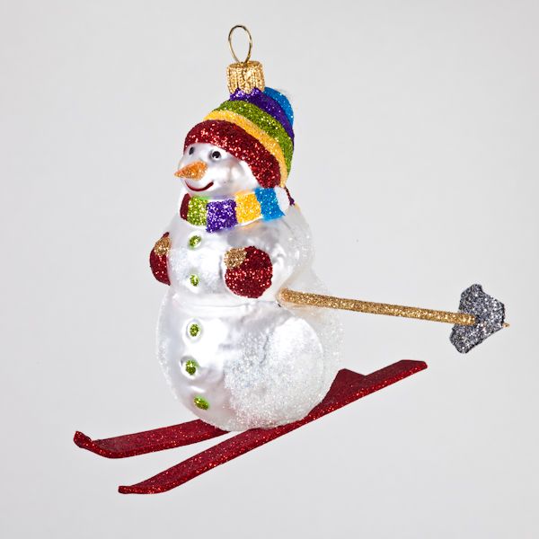 Christbaumkugel, Schneemann auf Skiern mit Regenbogenmütze, 11 x 8 cm