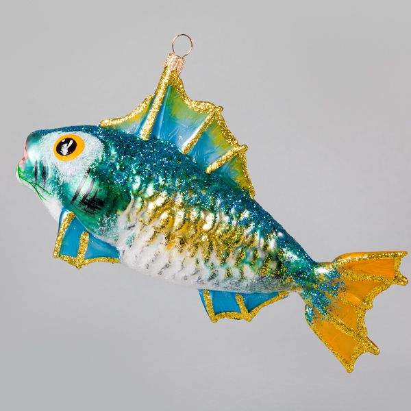 Christbaumkugel, Fisch, Bauchig, Blau/Gelb, 9,5 x 16 cm